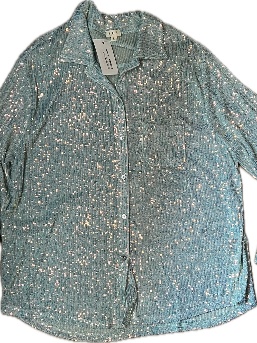 POL Teal Sequin Button-Down Shirt